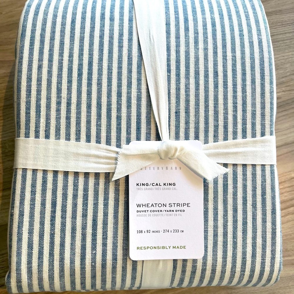 NWT Pottery Barn Wheaton Stripe Linen/Cotton Duvet Cover King/Cal King Chambray